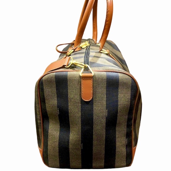 FENDI Pequin Pecan Striped Bandolier Boston Travel Bag w FENDI Shoulder Strap - Picture 4 of 17